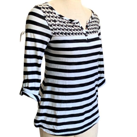 Anthropologie Postage Stamp S Henley Top Black White Stripe Roll Tab Sleeve 52K - Picture 3 of 11